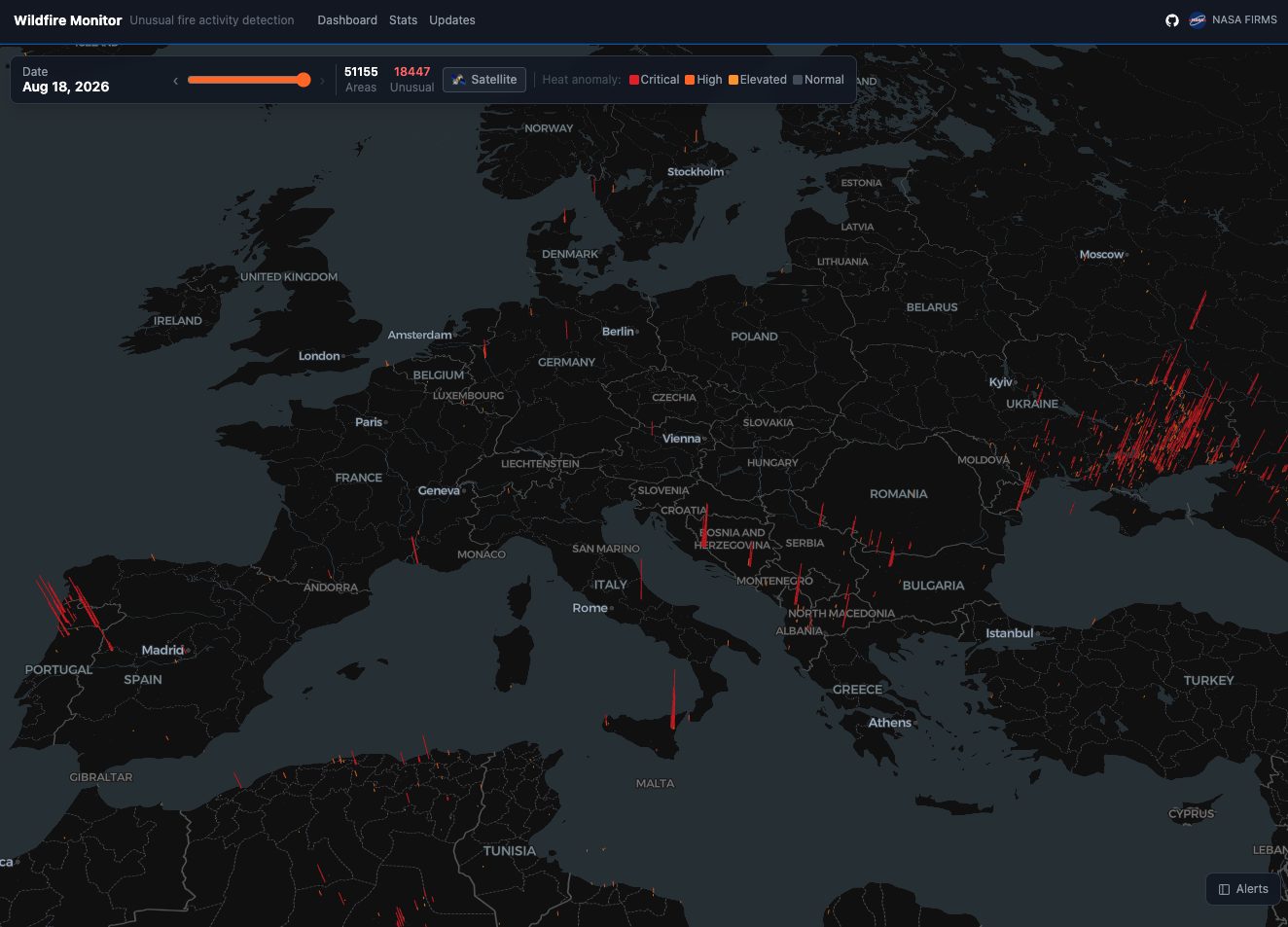 Europe on 18 August 2026: heat anomaly columns across Iberia, the Balkans and Ukraine on a dark map.
